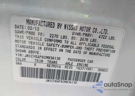 2012 Infiniti G37 Journey z USA, uszkodzony, nr VIN JN1CV6AP6CM934130